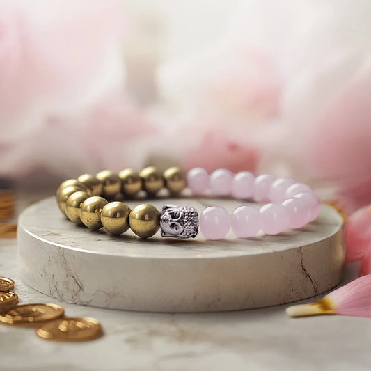Love & Money Bracelet – Certified Rose Quartz & Pyrite with Buddha Charm | Attract Prosperity & Positive Energy