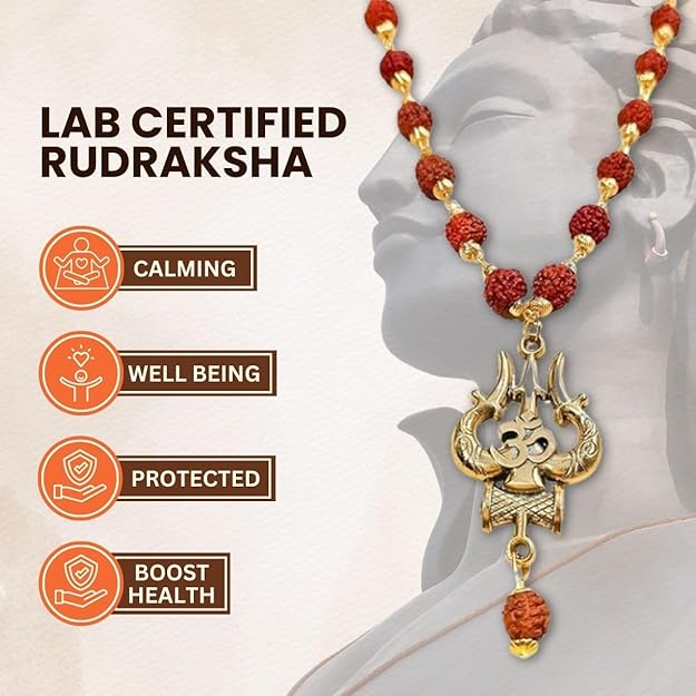 Z-Mart Om & Trishul 5 Mukhi Rudraksha Mala | Natural Brown 7mm Beads | 16” Necklace for Men & Women