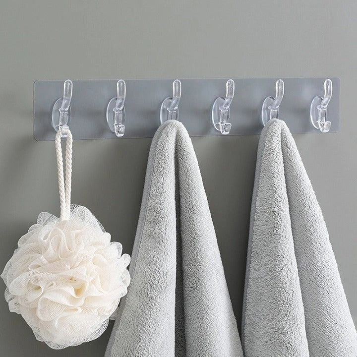 Self-Adhesive 6 Hook Strip – Transparent Heavy Duty Hooks for Wall Hanging