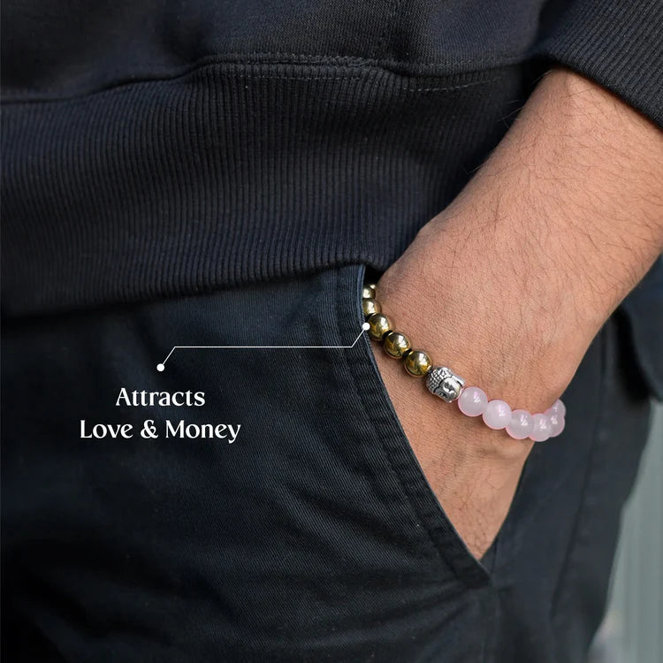 Love & Money Bracelet – Certified Rose Quartz & Pyrite with Buddha Charm | Attract Prosperity & Positive Energy