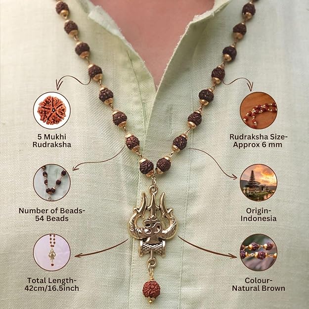 Z-Mart Om & Trishul 5 Mukhi Rudraksha Mala | Natural Brown 7mm Beads | 16” Necklace for Men & Women