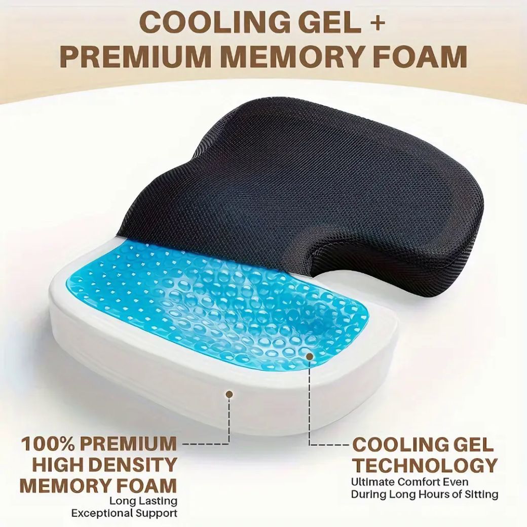 Cooling Gel Memory Foam Seat Cushion - Slow Rebound for Hip Pressure Relief | Ideal for Office Chairs & Home Use | Easy-Clean Material