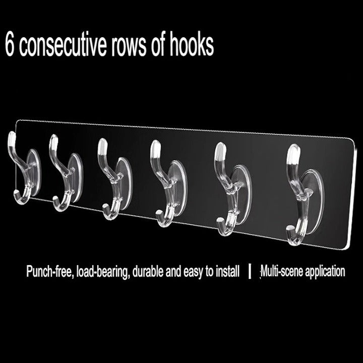 Self-Adhesive 6 Hook Strip – Transparent Heavy Duty Hooks for Wall Hanging