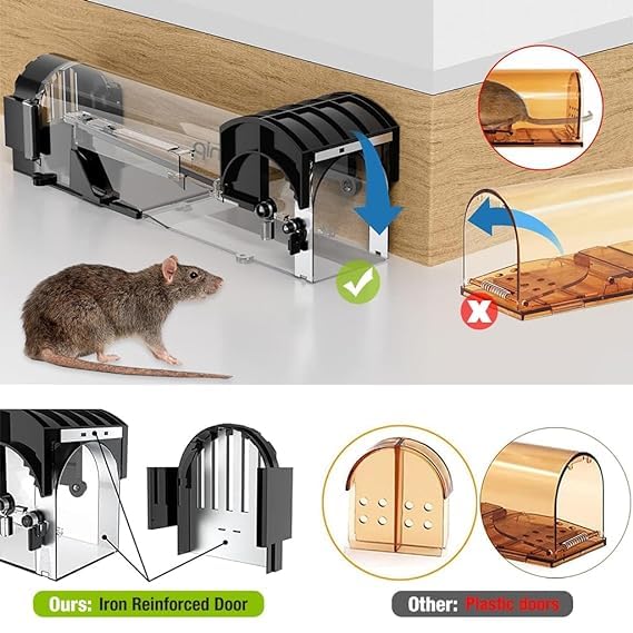 Transparent Automatic Lock Rat Trap Cage – Humane & Reusable Rodent Catcher for Home & Garden