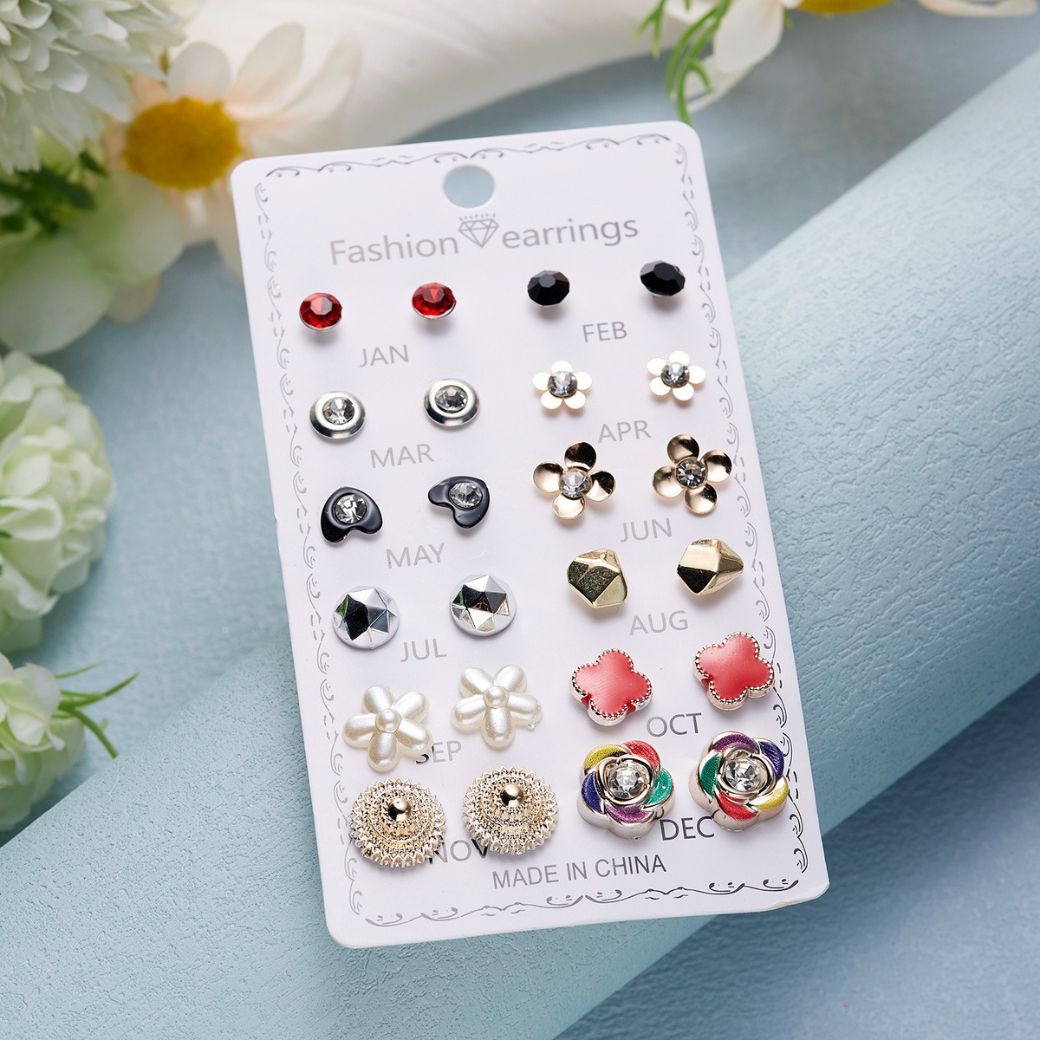 Elegant Crystal Flower Stud Earrings Set – 12 Pairs for Daily Wear