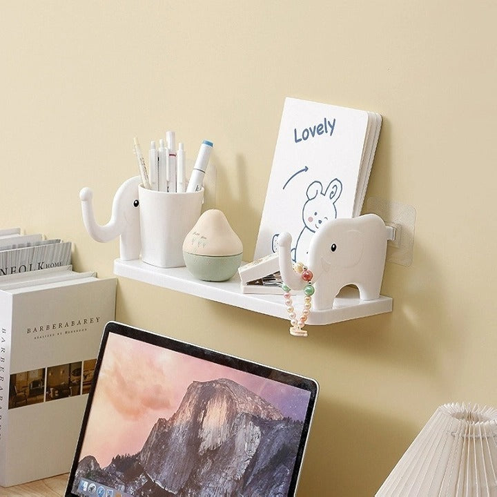 Elephant Buddy Floating Shelf – Punch-Free Wall Hanging with Guardrail & Hook
